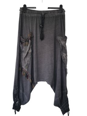 Boho Tassel Harem Ankle Pants in Charcoal Gray Brand-New Cotton -Linen Blended